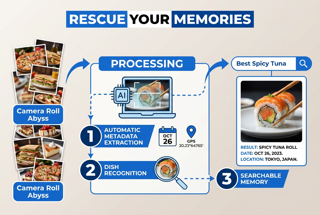 Infographic showing the process of AI food recognition turning unorganized camera roll photos into a searchable database of restaurant meals.