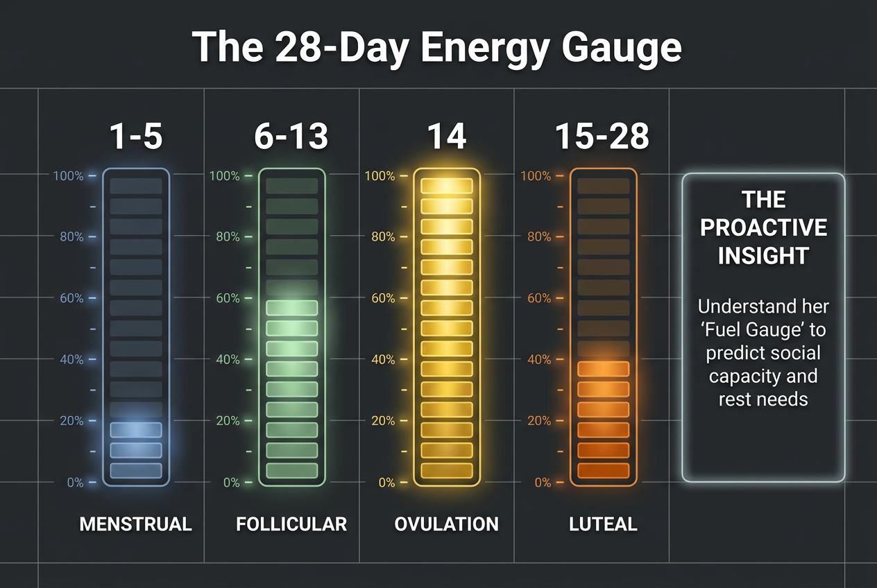 A bar chart showing energy levels across the four menstrual cycle phases, labeled Menstrual, Follicular, Ovulation, and Luteal.