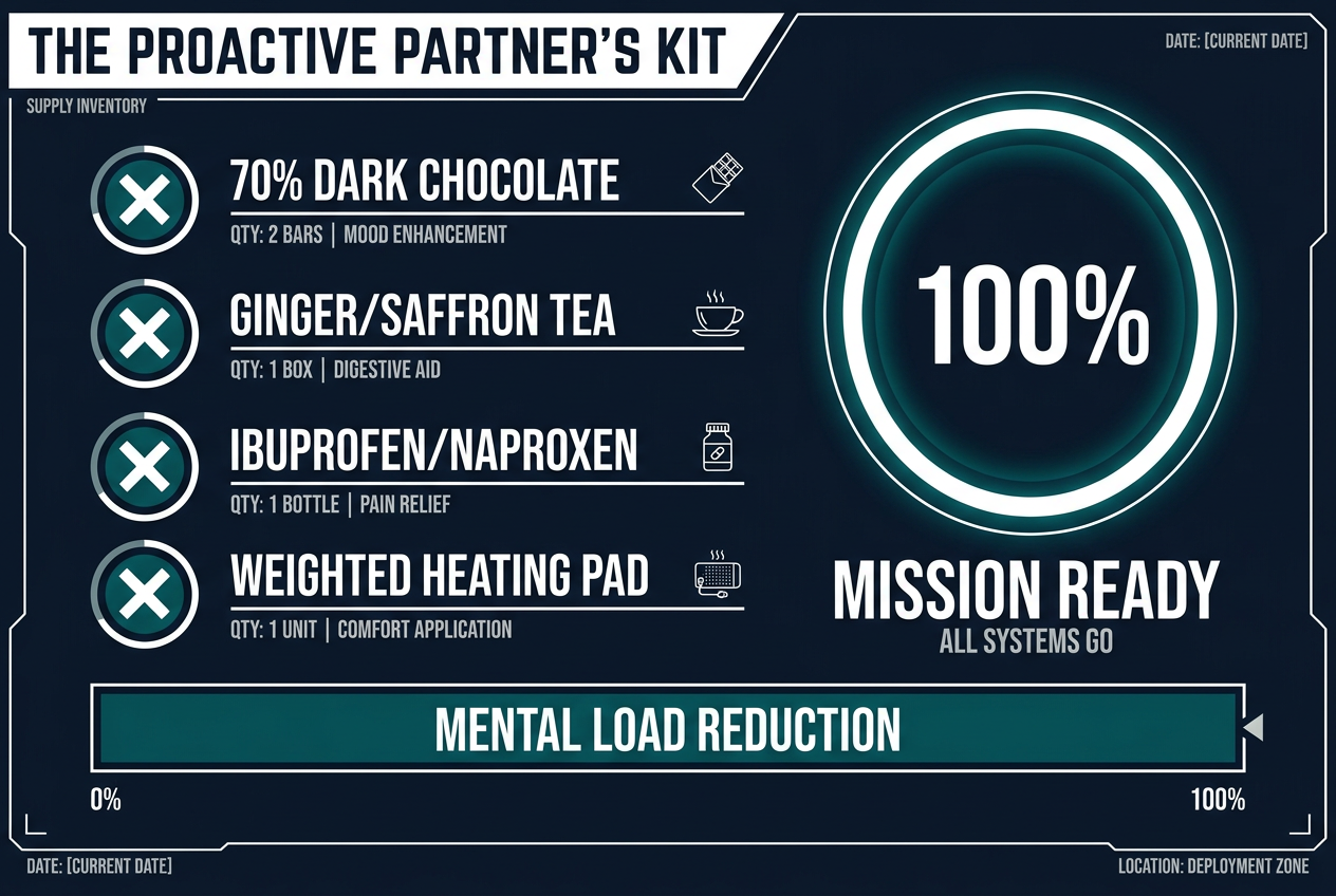 A tactical checklist for a menstrual support kit including dark chocolate, ginger tea, pain relief, and heating pads.