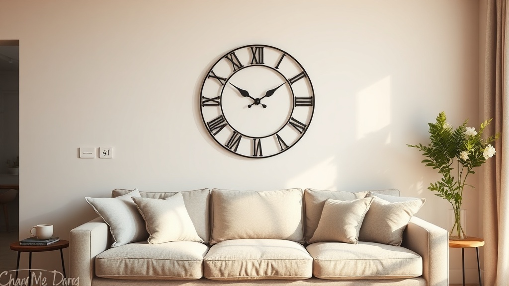 Large black metal wall clock above a minimalist sofa in a warm, well-styled living room