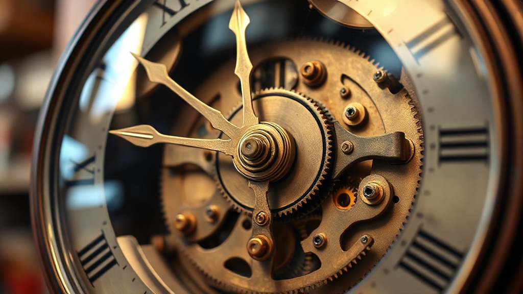 Close-up of exposed brass gears inside a mechanical wall clock movement