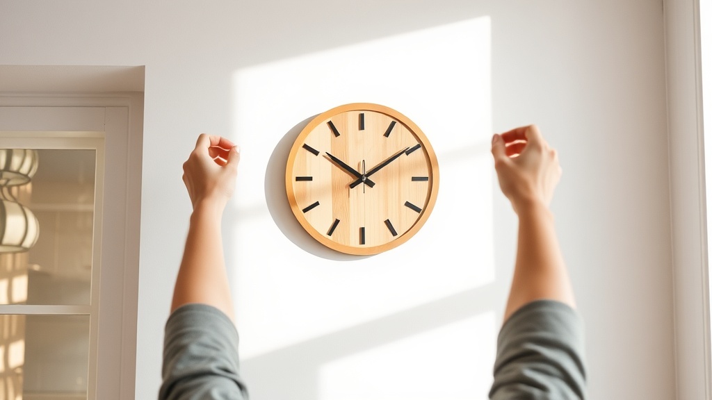 Hands placing a round wooden Scandinavian wall clock onto a white wall at eye level