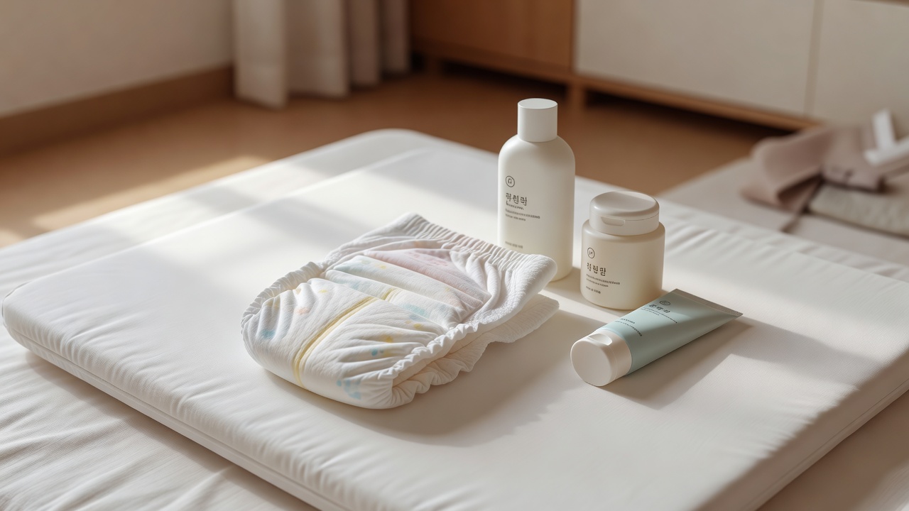 close-up of baby diaper and baby skincare products arranged on a white changing mat