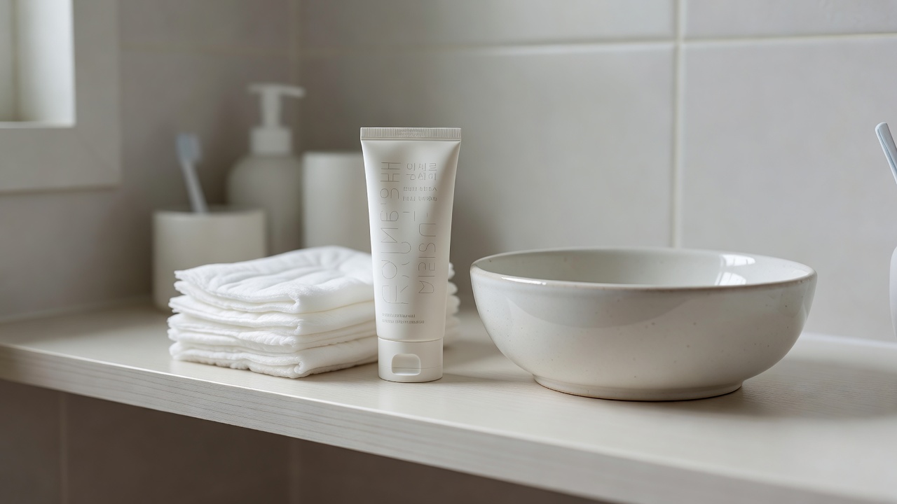 baby diaper cream tube and cotton pads placed next to a small basin on a bathroom shelf