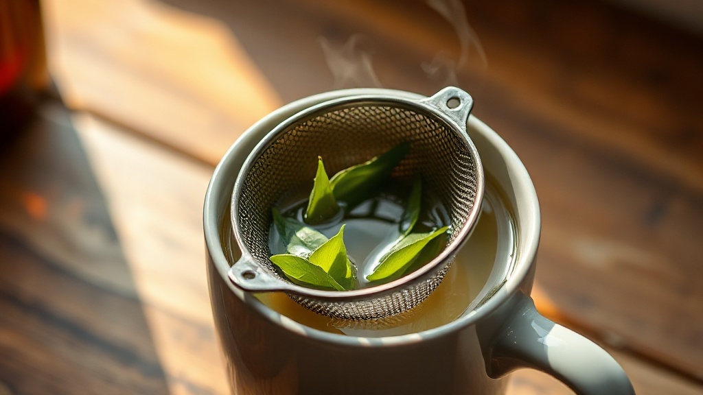 Infuseur de tasse en inox dans une tasse de thé vert avec feuilles qui s'ouvrent