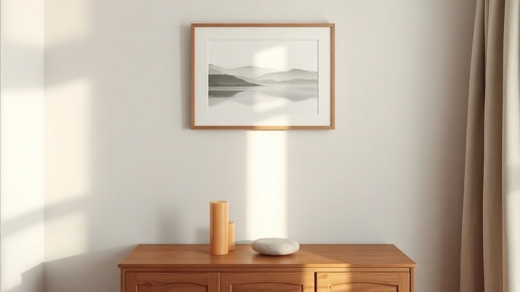 Minimalist bedroom wall with calm landscape artwork above a wooden console with paired candles
