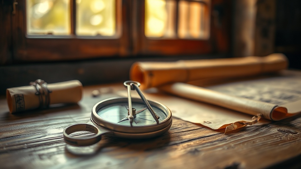 Antique Chinese luopan feng shui compass resting on wooden surface beside a bamboo scroll