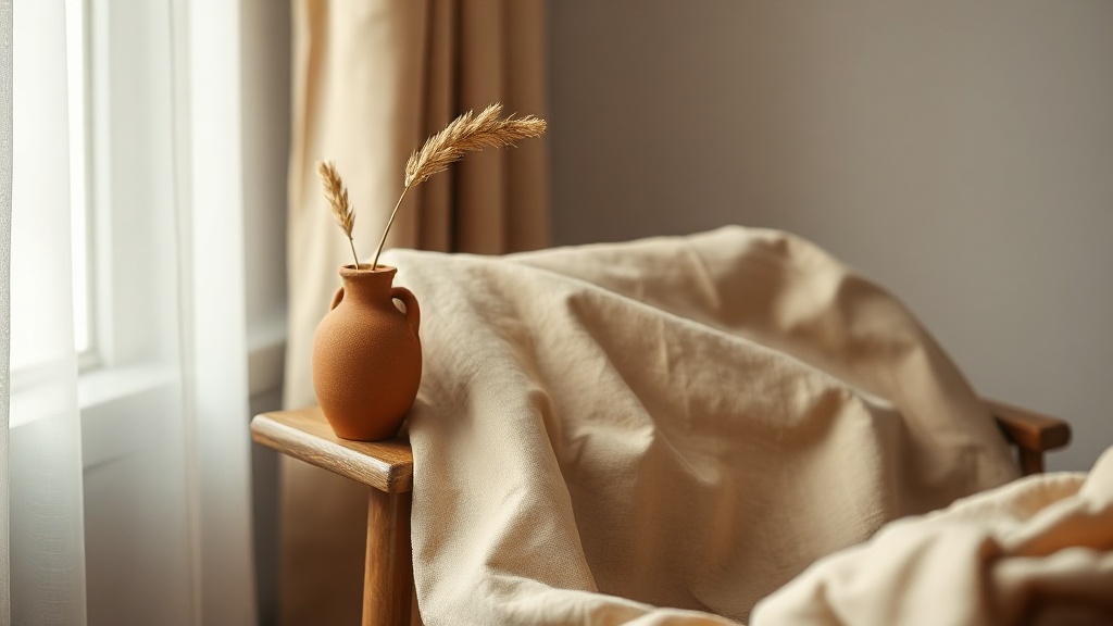 Bedroom corner with terracotta vase and warm linen fabric in earth tones for a feng shui palette