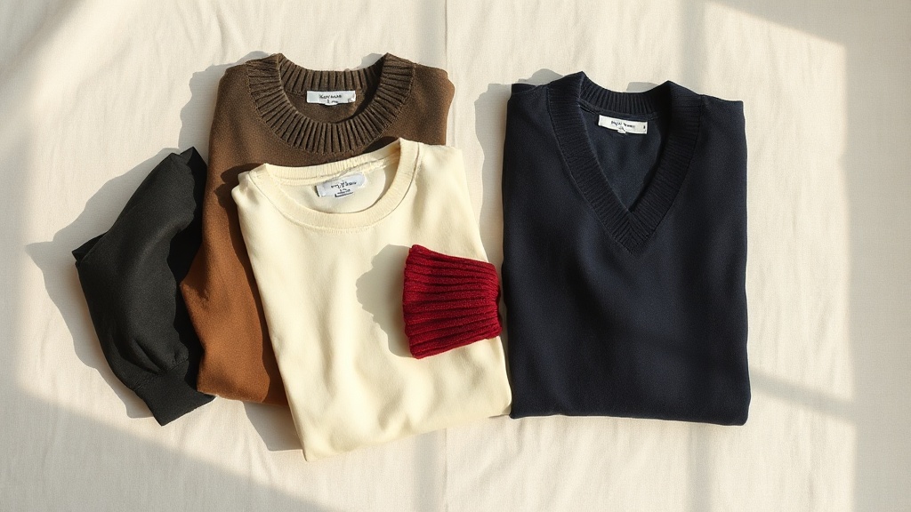 Flat lay of a quiet luxury office color palette featuring charcoal, camel, ivory, navy and burgundy garments