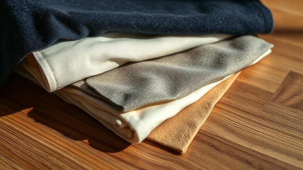 Close-up of folded natural fabrics including navy wool, ivory poplin, grey worsted wool and camel cashmere swatches