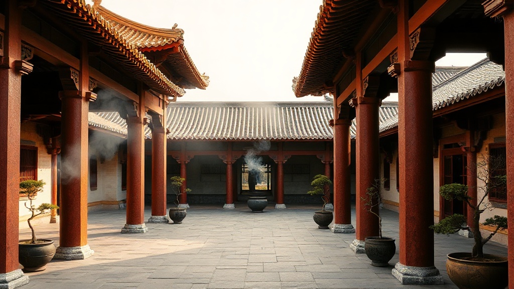 Cour intérieure du temple Putuo du Sud à Xiamen avec ses colonnes en granit rouge et toitures vernissées