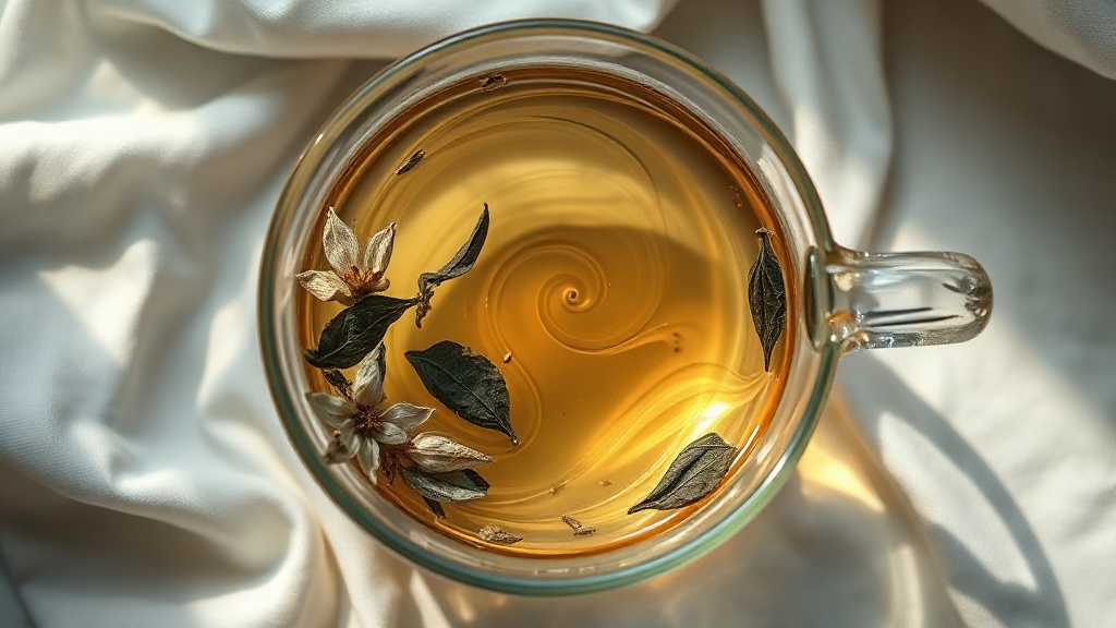 Feuilles de thé vert et fleurs de jasmin se déployant dans une théière en verre transparente