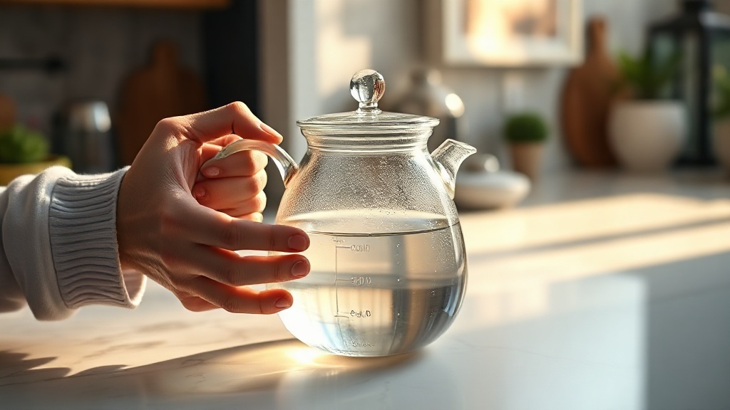 Préchauffage d'une théière en verre borosilicaté avec de l'eau chaude avant infusion