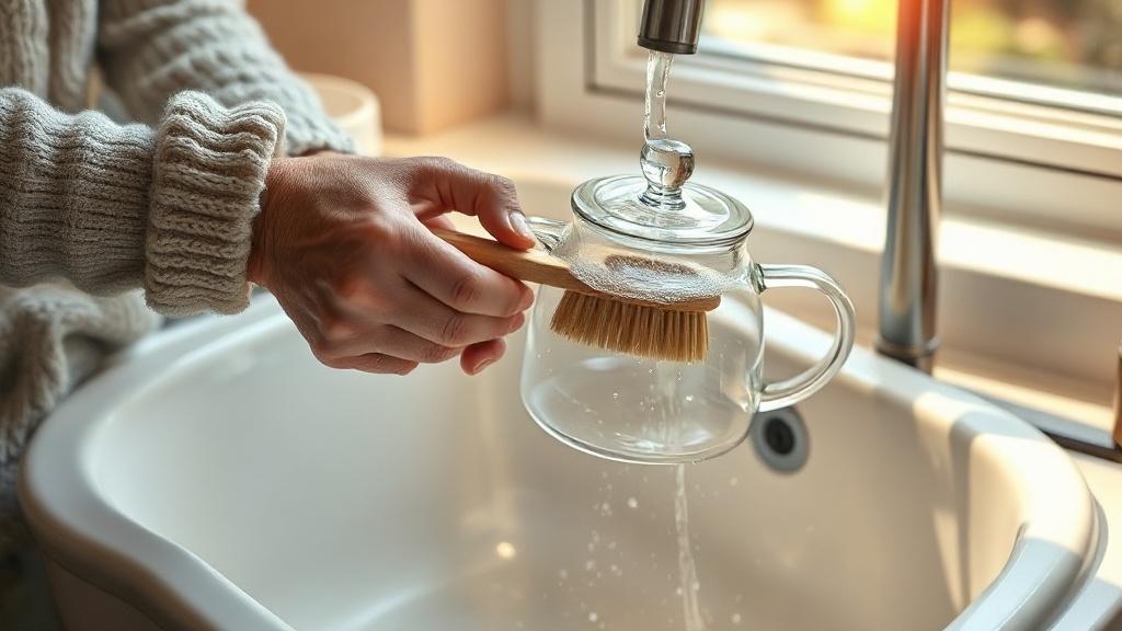 Entretien d'une théière en verre au lavage à la main avec une brosse douce