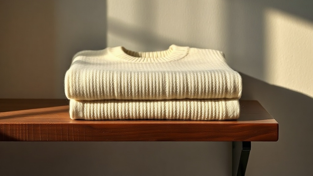 Fine-gauge cream cashmere crewneck folded on a dark wooden shelf with a white shirt collar visible beneath