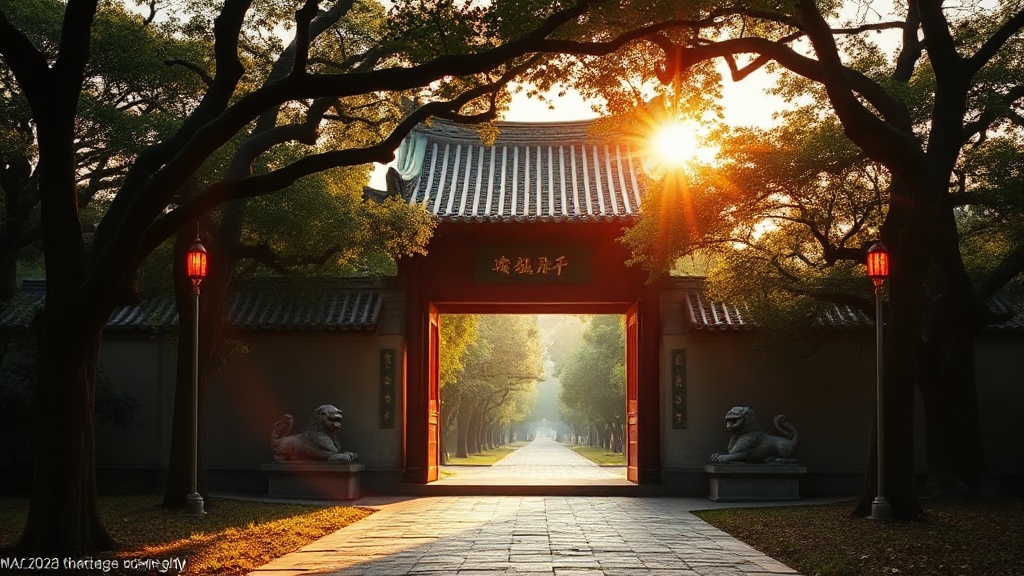 Portail d'entrée du temple Xichan de Fuzhou entouré d'arbres centenaires
