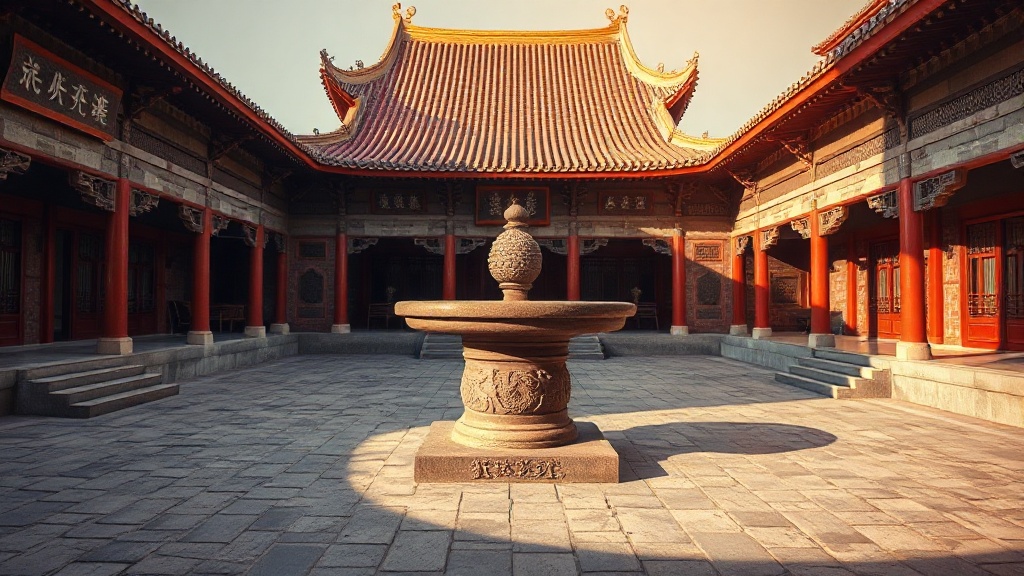 Cour intérieure d'un temple Chan avec brûle-encens en pierre et pavillons dorés