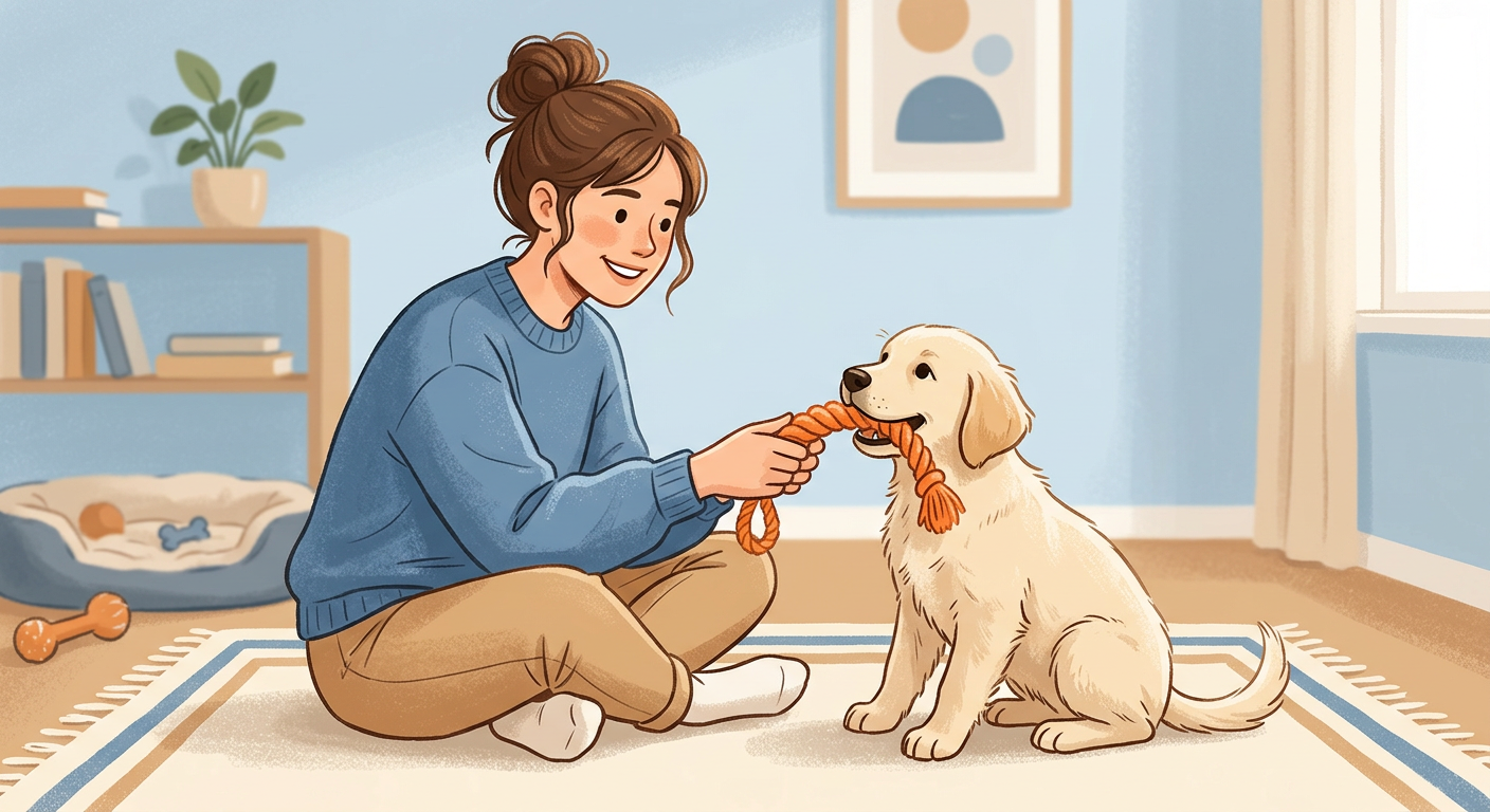 Modern illustration of a puppy training session with a seated owner redirecting biting onto a chew toy, clear visual focus...