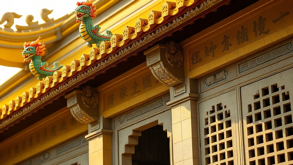 Détail des sculptures en céramique émaillée polychrome sur les faîtages d'un pavillon du style Min au Fujian