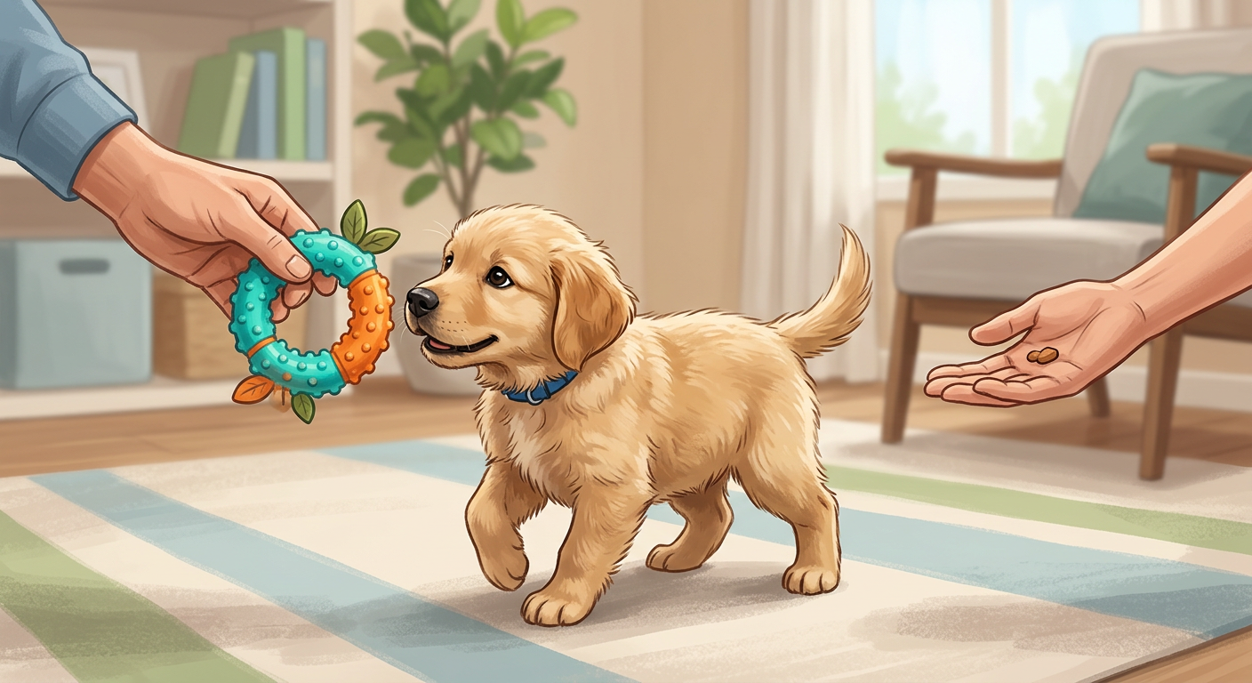 Modern illustrative scene of a puppy choosing between a hand and a chew toy, with the puppy focused on the toy, clean indo...