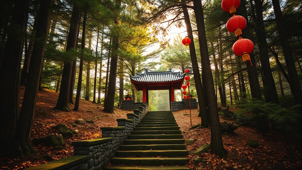 Chemin de pierre menant au temple Wanfu sur le mont Huangbo, Fujian, entouré de pins
