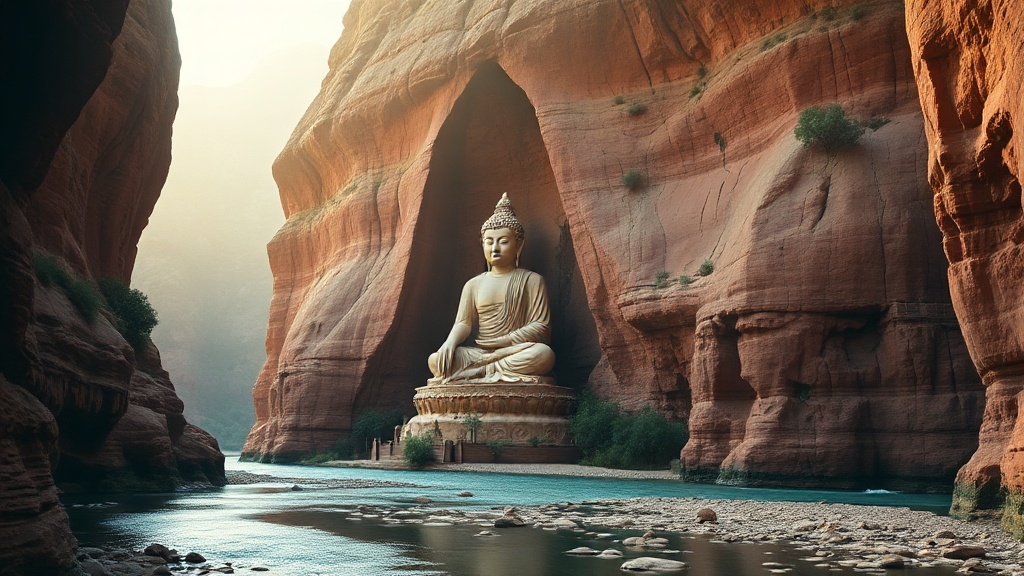 Statue monumentale du Bouddha Maitreya sculptée dans la falaise du site rupestre de Bingling