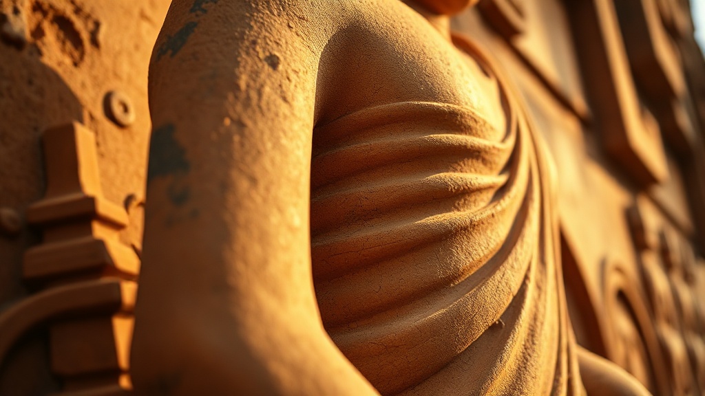 Sculpture rupestre bouddhiste taillée dans le grès du temple Bingling, détail des drapés