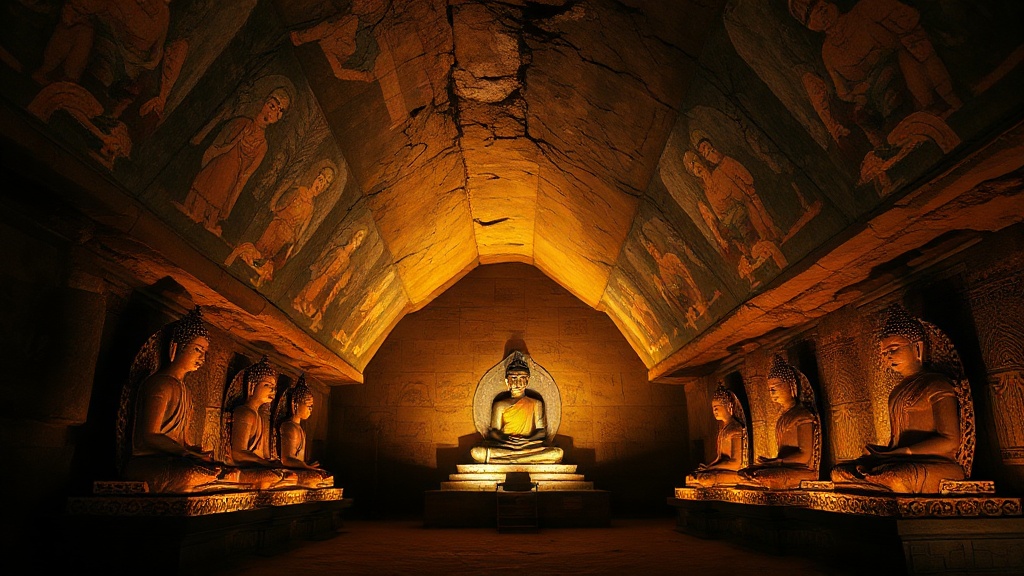 Intérieur d'une grotte du temple Bingling avec peintures murales et statues en stuc bouddhistes