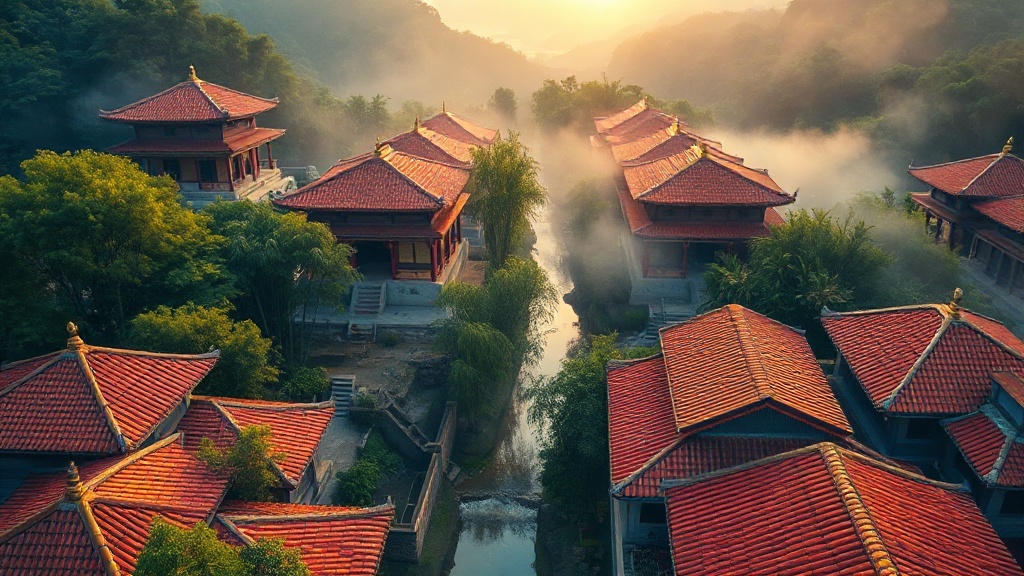 Vue d'ensemble d'un temple bouddhiste Chan dans la forêt du Fujian, entouré de bambous et d'une source naturelle