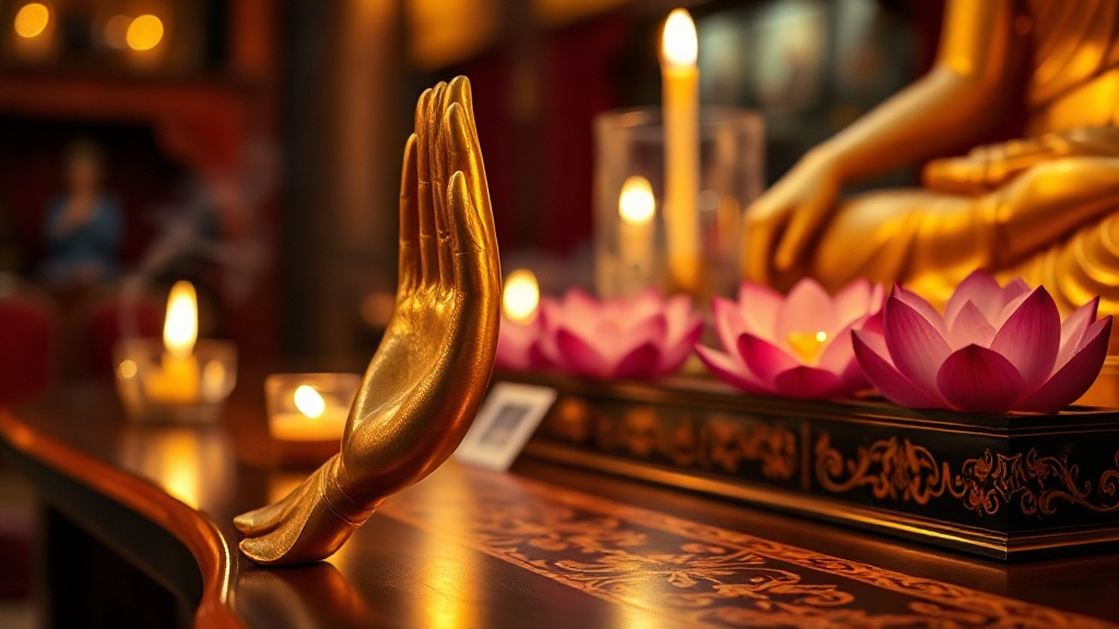 Détail de la main d'une statue de Bouddha en bhumisparsha mudra, lumière de bougies et offrandes de lotus sur l'autel