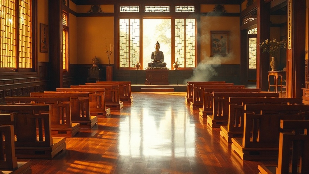 Salle de méditation Chan avec coussins en bois et autel bouddhiste, lumière dorée filtrée par des fenêtres à treillis