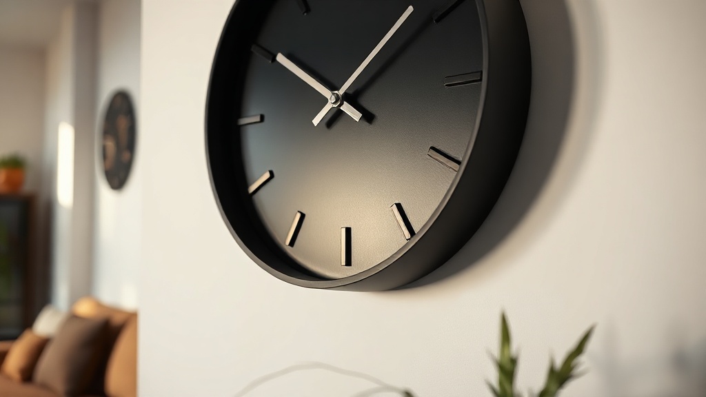 Matte black industrial wall clock mounted on a white wall with warm natural lighting