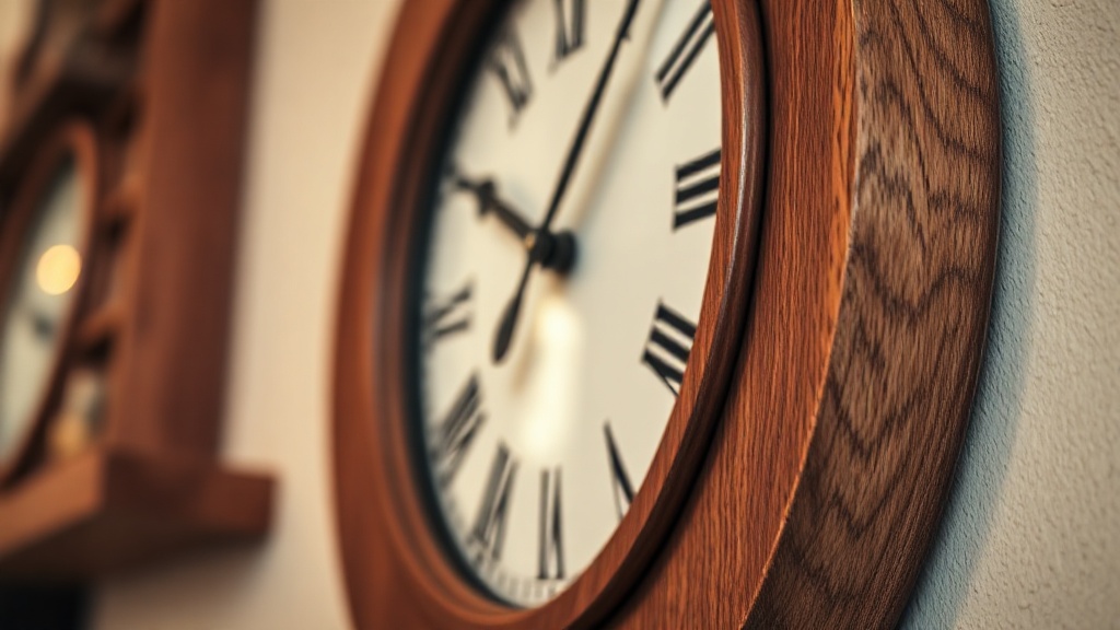Close-up detail of a natural wood grain clock frame showing warm oak or walnut texture