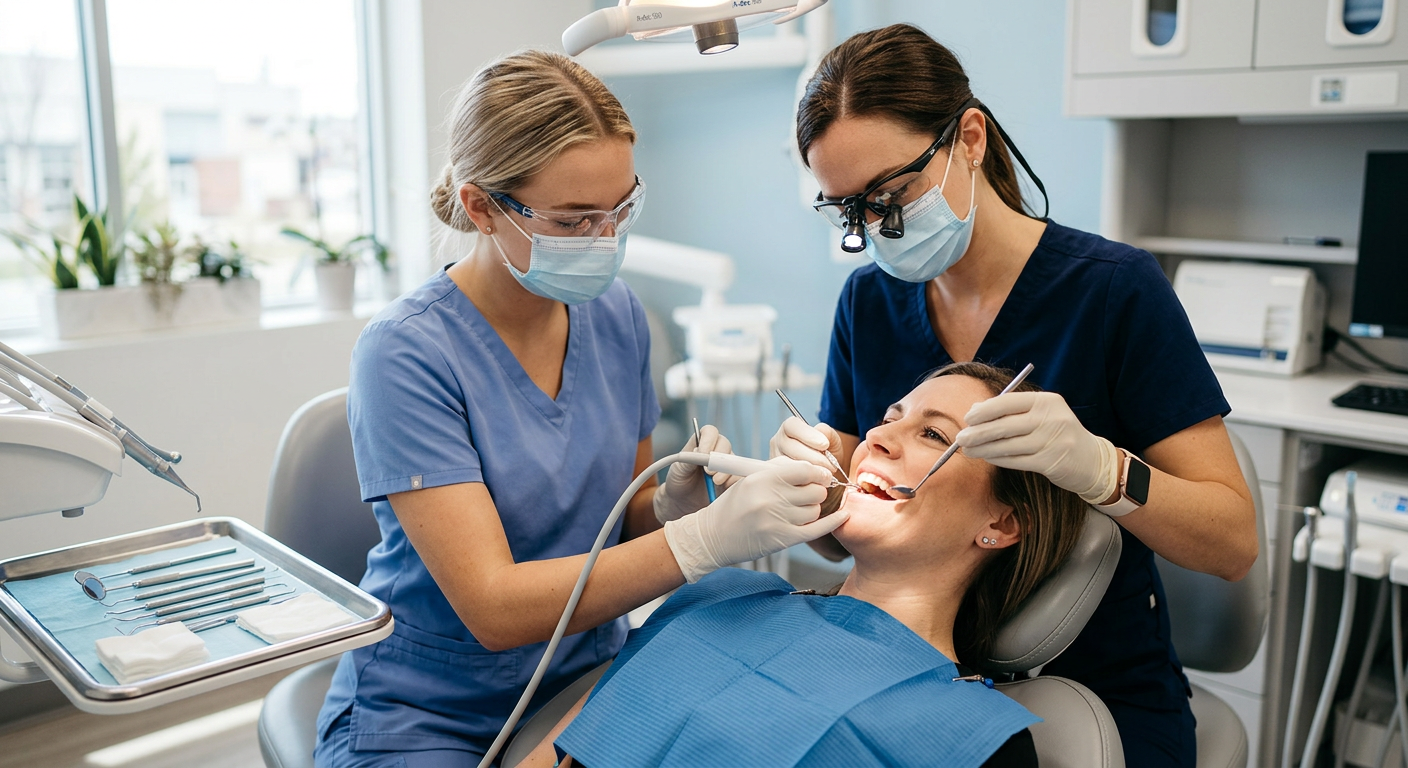 Photorealistic close-up of a female dentist and hygienist performing a routine cleaning and exam on an adult patient, mode...