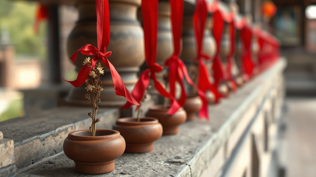 Offrandes votives devant un temple bouddhiste du Gansu, rubans rouges et bâtonnets d'encens