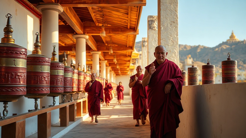 Monastère de Labrang au Gansu, couloirs aux moulins à prières et toits dorés caractéristiques