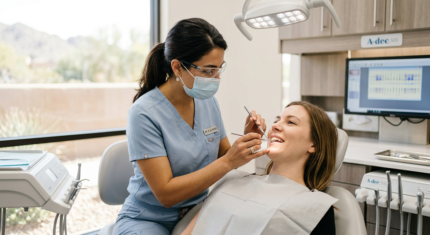Photorealistic close-up of a female dentist performing a gentle dental exam on an adult Scottsdale patient, with modern to...