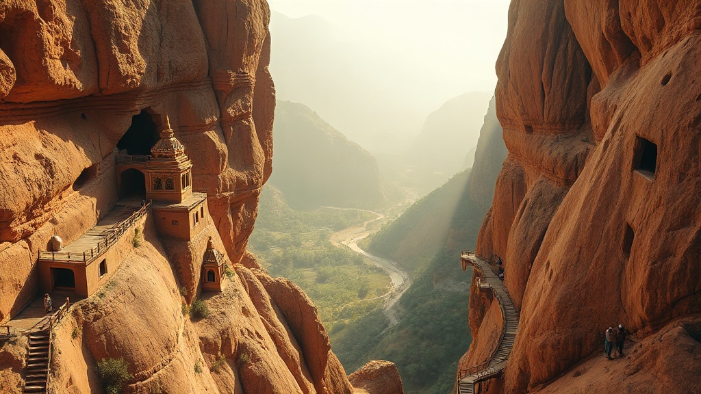 Grottes de Maijishan au Gansu, temples rupestres accrochés à une falaise de grès rouge
