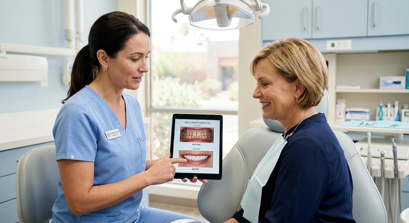 Close-up photorealistic scene of a female dentist showing before-and-after smile options on a tablet to an American patien...
