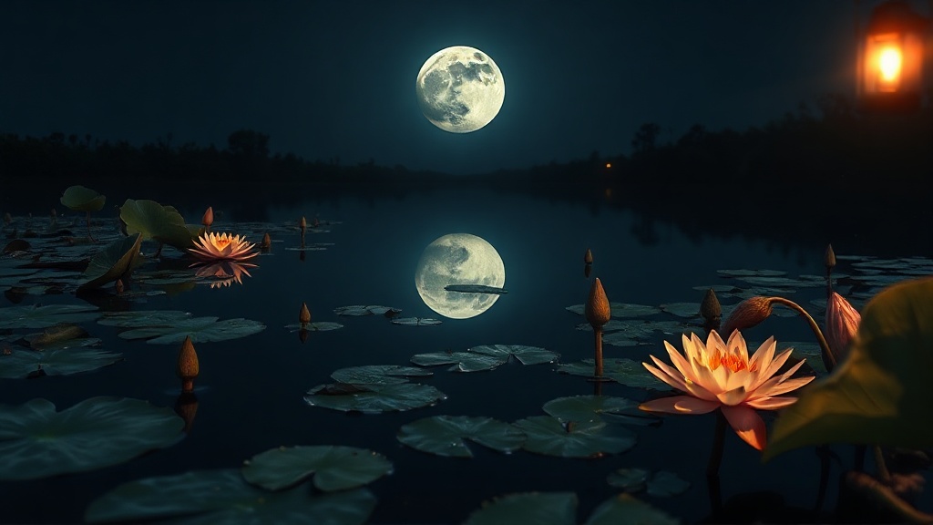 Full moon reflected in a still pond with lotus flowers, evoking the lunar myth behind the three-legged toad