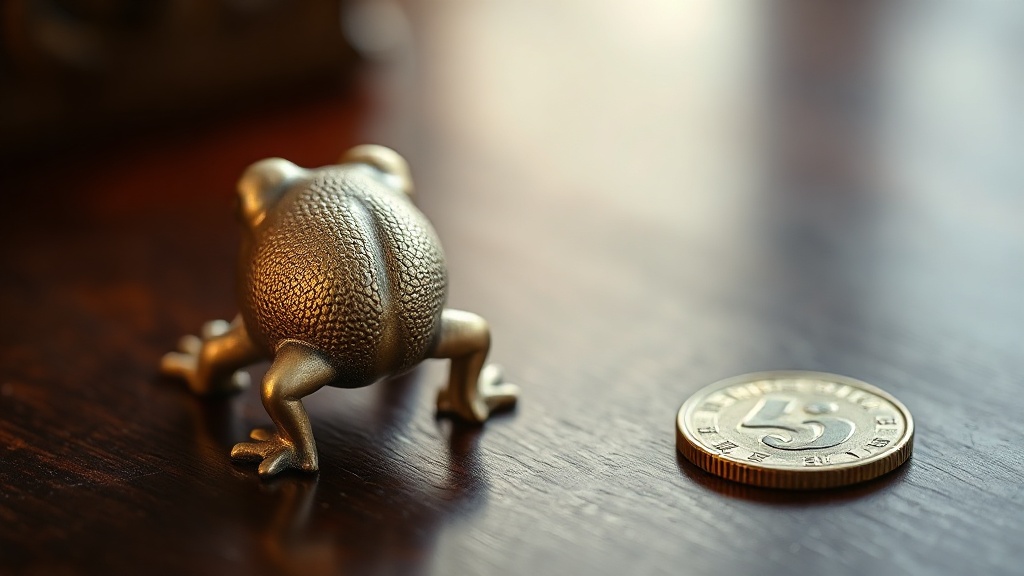 Close-up of a brass three-legged toad figurine with a Chinese coin on a dark wooden surface