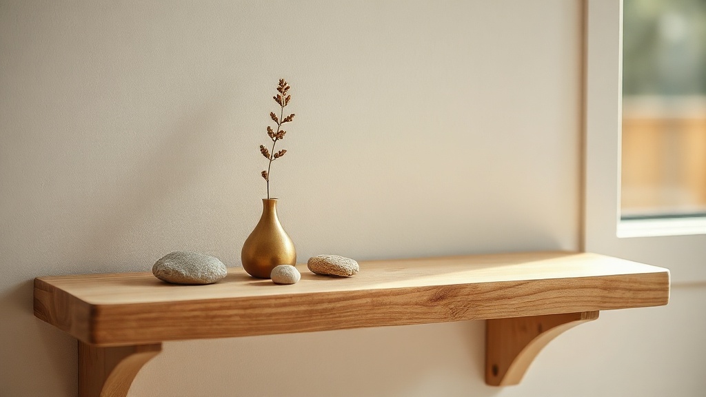 A small brass figurine on a low wooden shelf in a calm minimal interior, beside river stones and dried botanicals