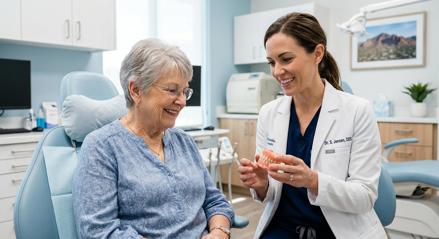 Professional in-content image of a female dentist showing a realistic denture model to a senior patient in a clean Scottsd...