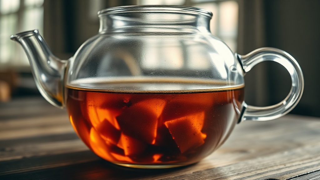 Dépôts de tanins bruns visibles à l'intérieur d'une théière en verre sur une table en bois