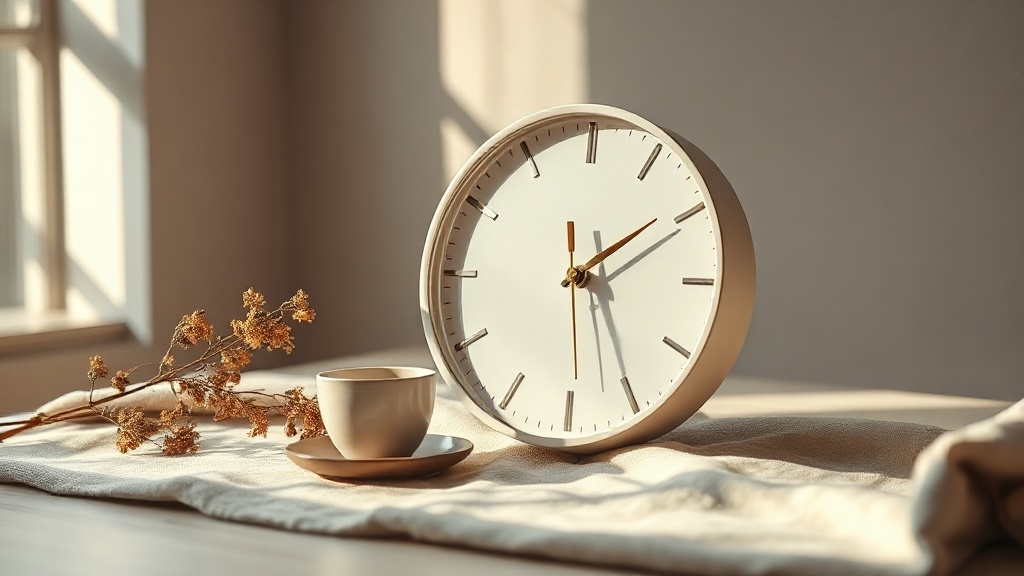 Minimalist wall clock with silent sweep movement on a linen surface with warm natural light