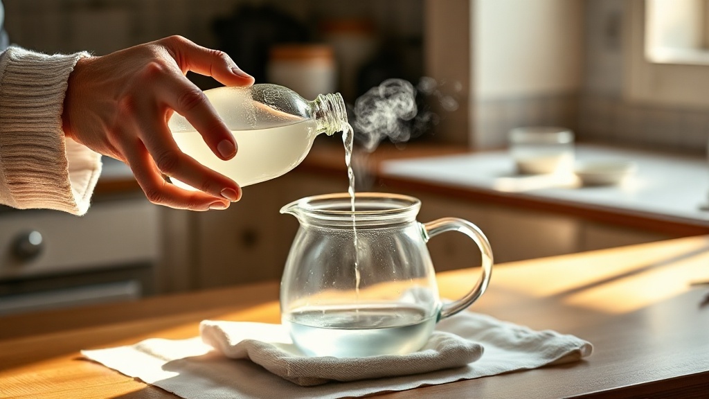 Versement de vinaigre blanc dans une théière en verre pour éliminer les dépôts de tanins