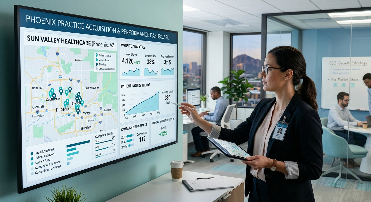 A photorealistic in-content image of a medical marketing strategist reviewing a Phoenix practice dashboard on a large scre...