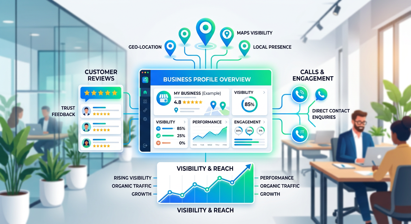 Modern illustration of a business profile dashboard connected to map pins, review stars, call icons, and a rising visibili...