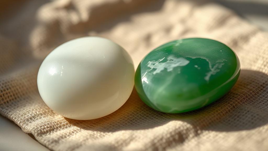 Two polished jade stones side by side showing nephrite and jadeite surface texture differences