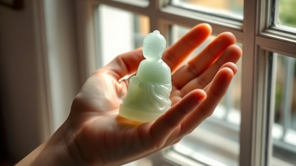 Hands holding a small carved jade Buddha figure showing translucency and fine carving detail